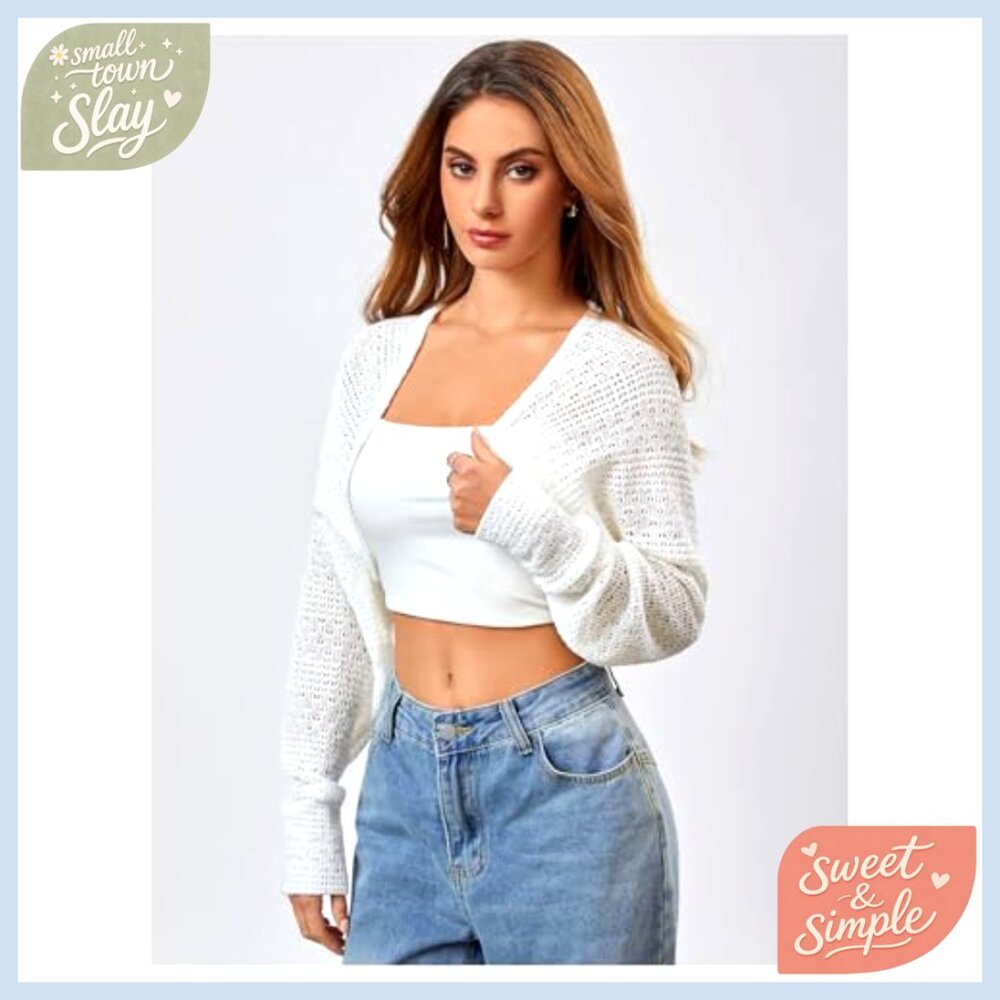 Lightweight Knit Bolero Shrug Open Front Long Sleeve Cropped Cardigan - Picture 4 of 5